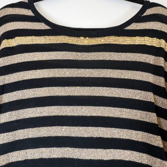MUDD THIN SWEATER LONG SLEEVE STRIPED BLACK/GOLD SHIMMER SEQUIN COTTON BLEND - Picture 2 of 10